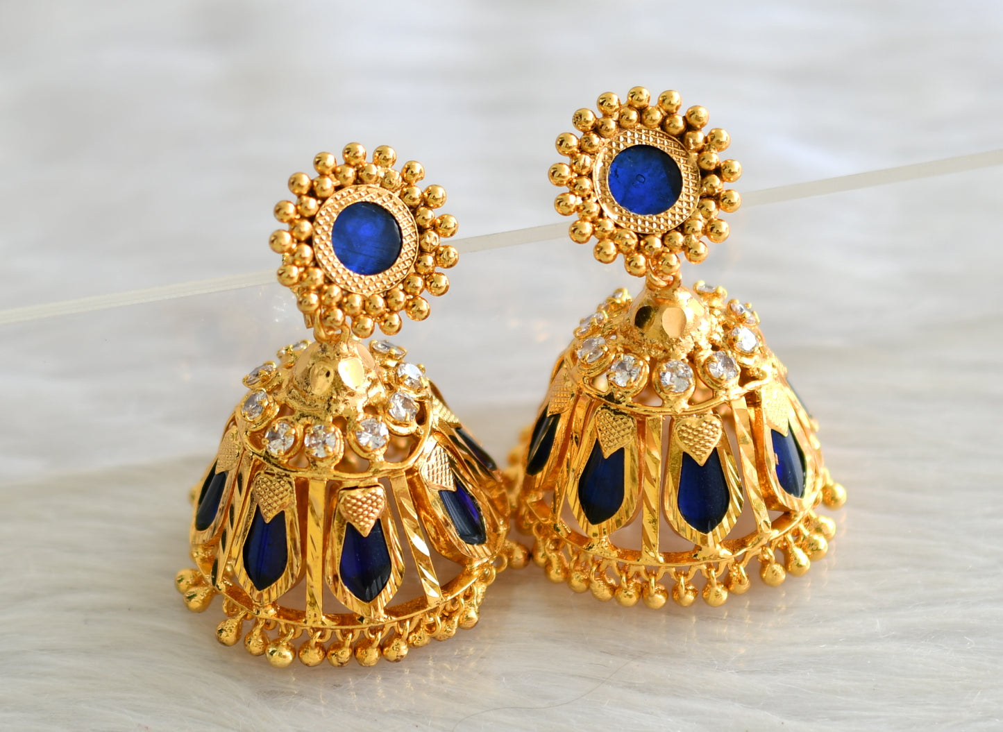 Gold tone kerala style blue-white nagapadam jhumkka dj-43198