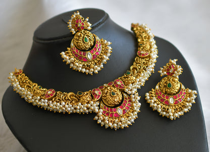 Antique gold tone pink-green-white peacock mango pearl cluster kundan jadau necklace set dj-44737