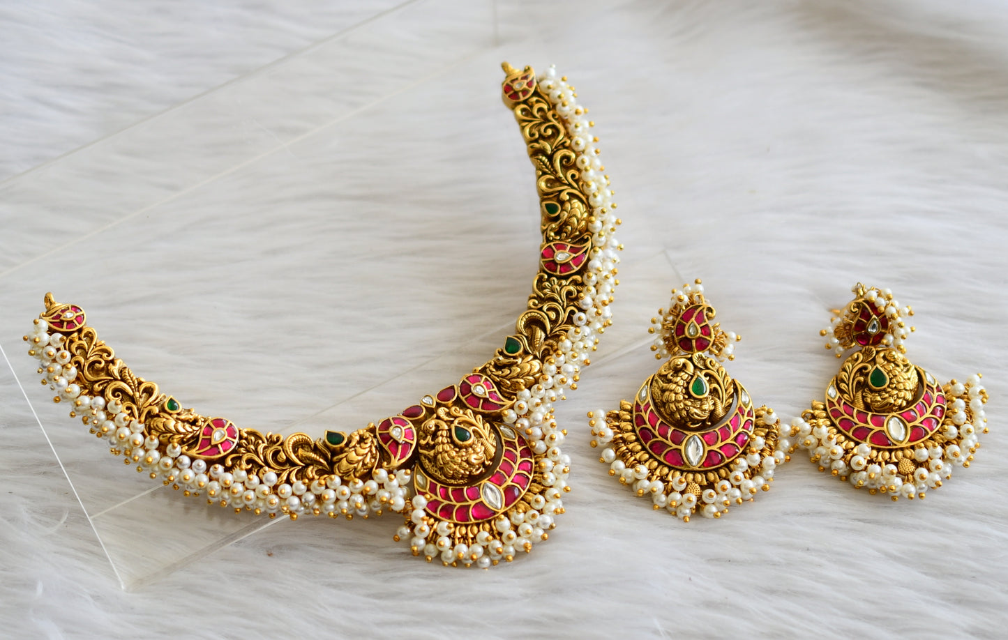 Antique gold tone pink-green-white peacock mango pearl cluster kundan jadau necklace set dj-44737