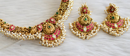 Antique gold tone pink-green-white peacock mango pearl cluster kundan jadau necklace set dj-44737