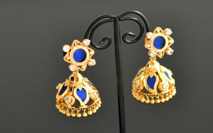 Gold tone kerala style blue 4 petals mango jhumkka dj-43199