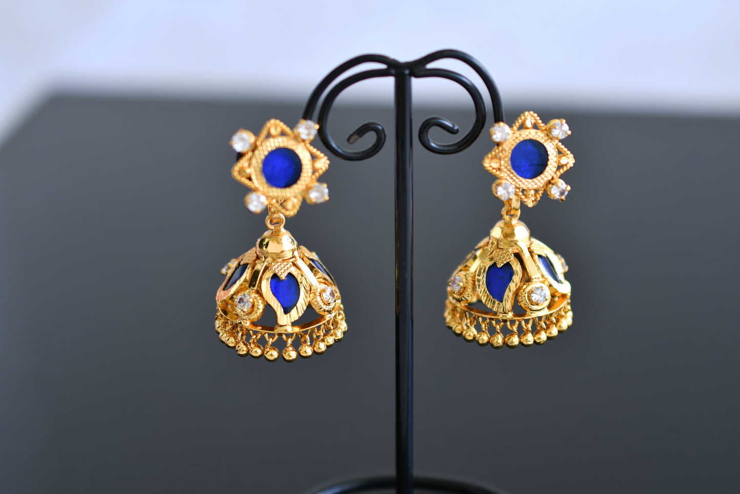 Gold tone kerala style blue 4 petals mango jhumkka dj-43199