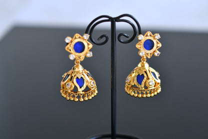 Gold tone kerala style blue 4 petals mango jhumkka dj-43199