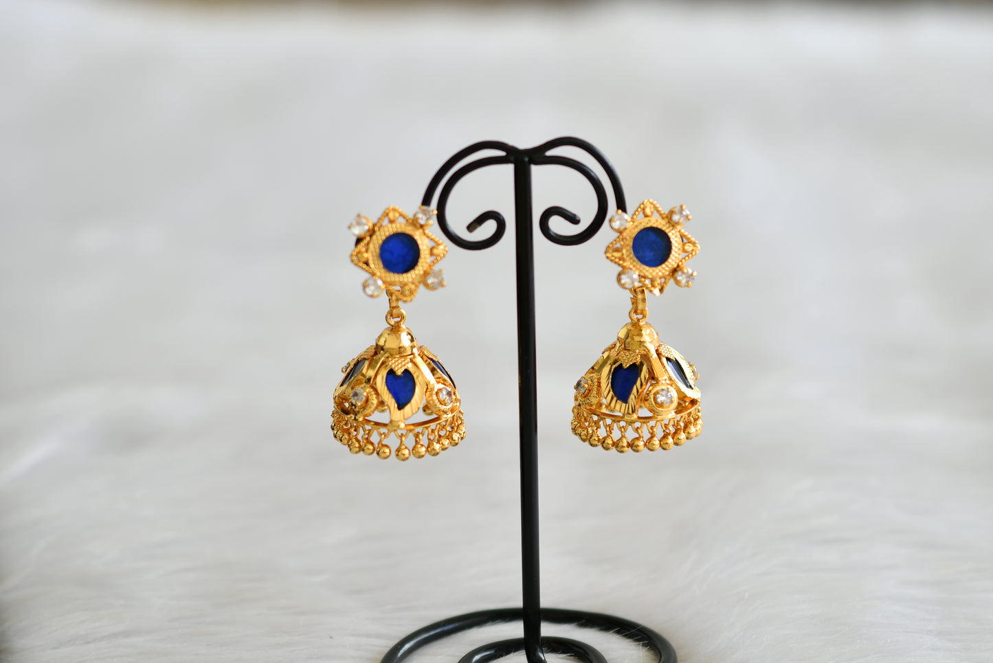 Gold tone kerala style blue 4 petals mango jhumkka dj-43199