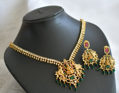 Matte finish ruby-green-white lakshmi peacock green beaded necklace set dj-44735