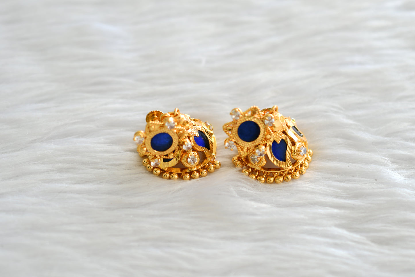 Gold tone kerala style blue 4 petals mango jhumkka dj-43199