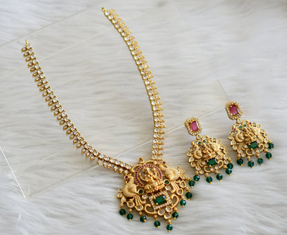 Matte finish ruby-green-white lakshmi peacock green beaded necklace set dj-44735