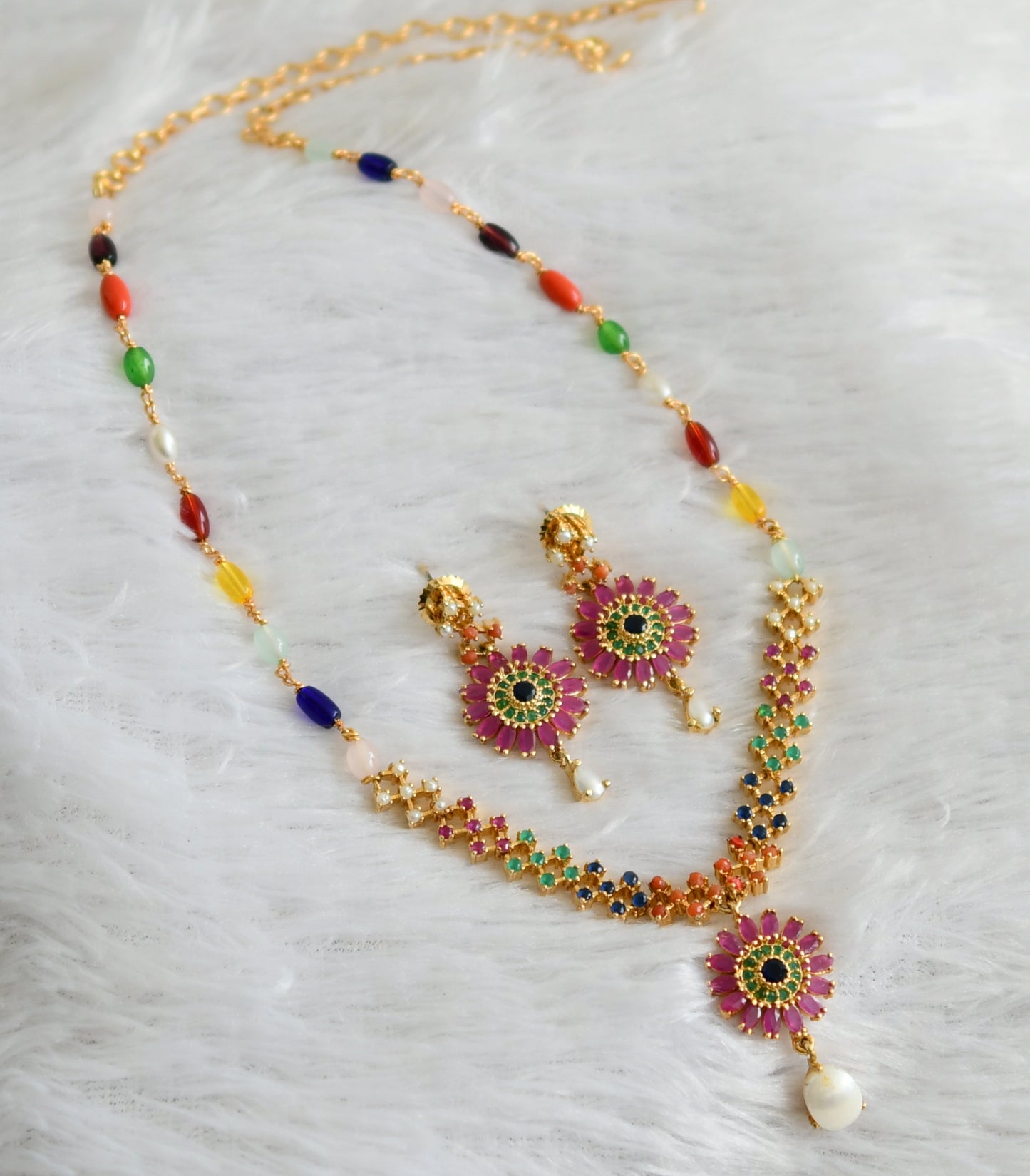 Gold tone navarathna flower necklace set dj-48391