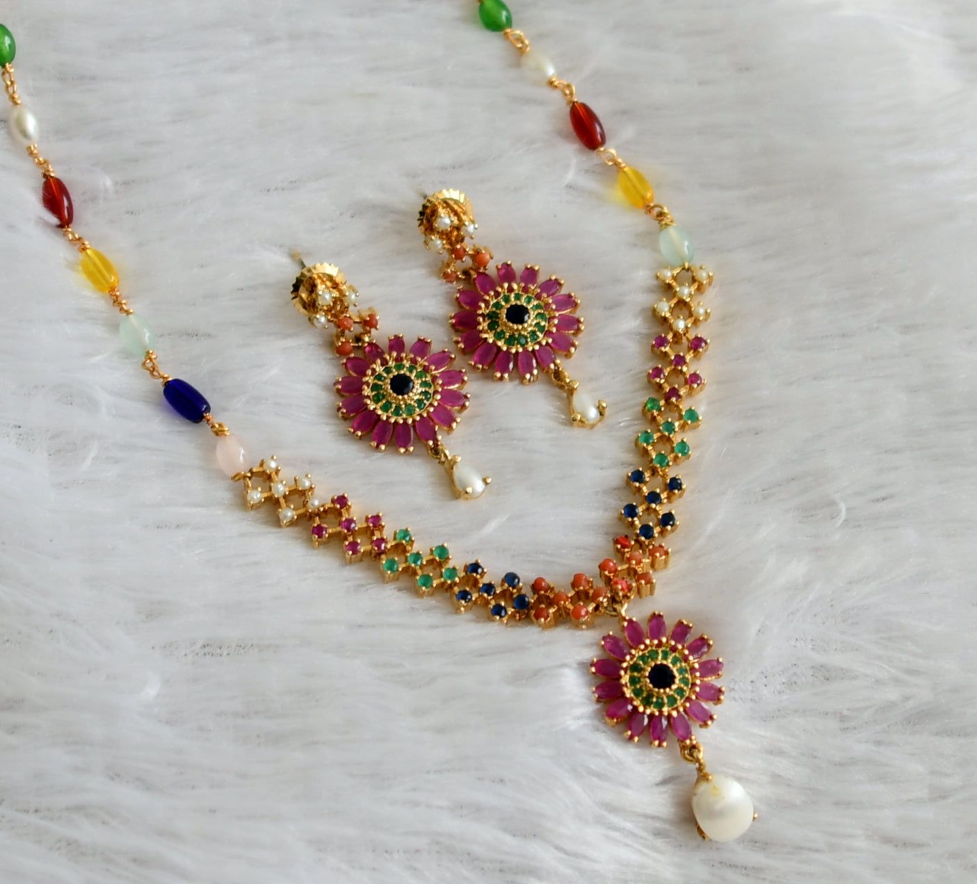 Gold tone navarathna flower necklace set dj-48391