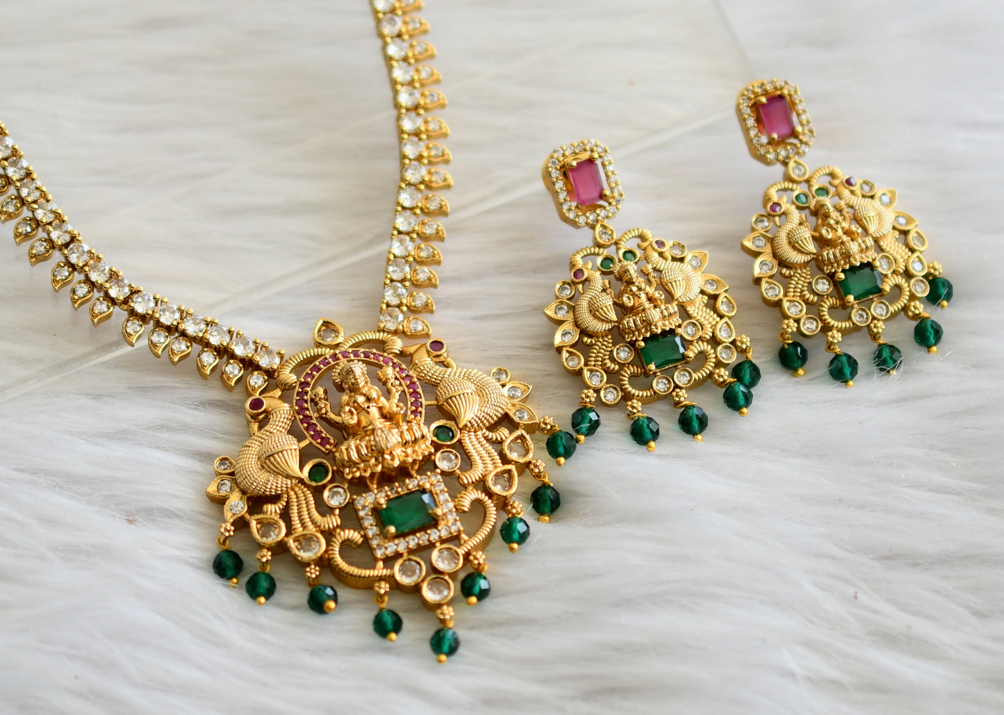 Matte finish ruby-green-white lakshmi peacock green beaded necklace set dj-44735