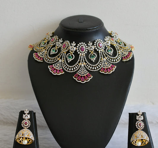 Two tone cz ruby-sea green stone choker necklace set dj-50136