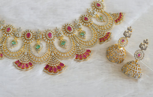 Two tone cz ruby-sea green stone choker necklace set dj-50136