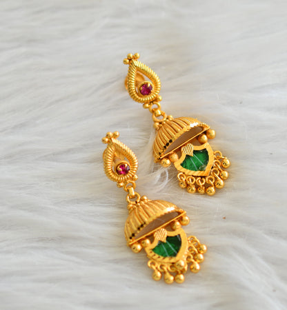 Gold tone kerala style pink-green palakka earrings dj-43200