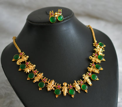 Gold tone pink-green round kerala style dasavathar necklace set dj-48089