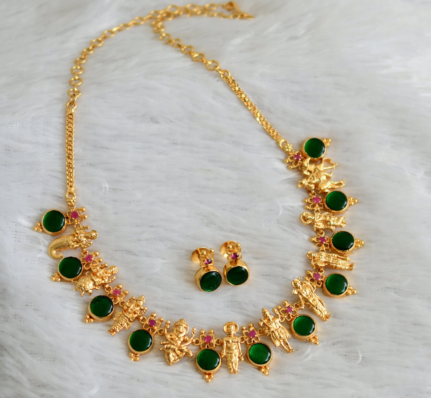 Gold tone pink-green round kerala style dasavathar necklace set dj-48089