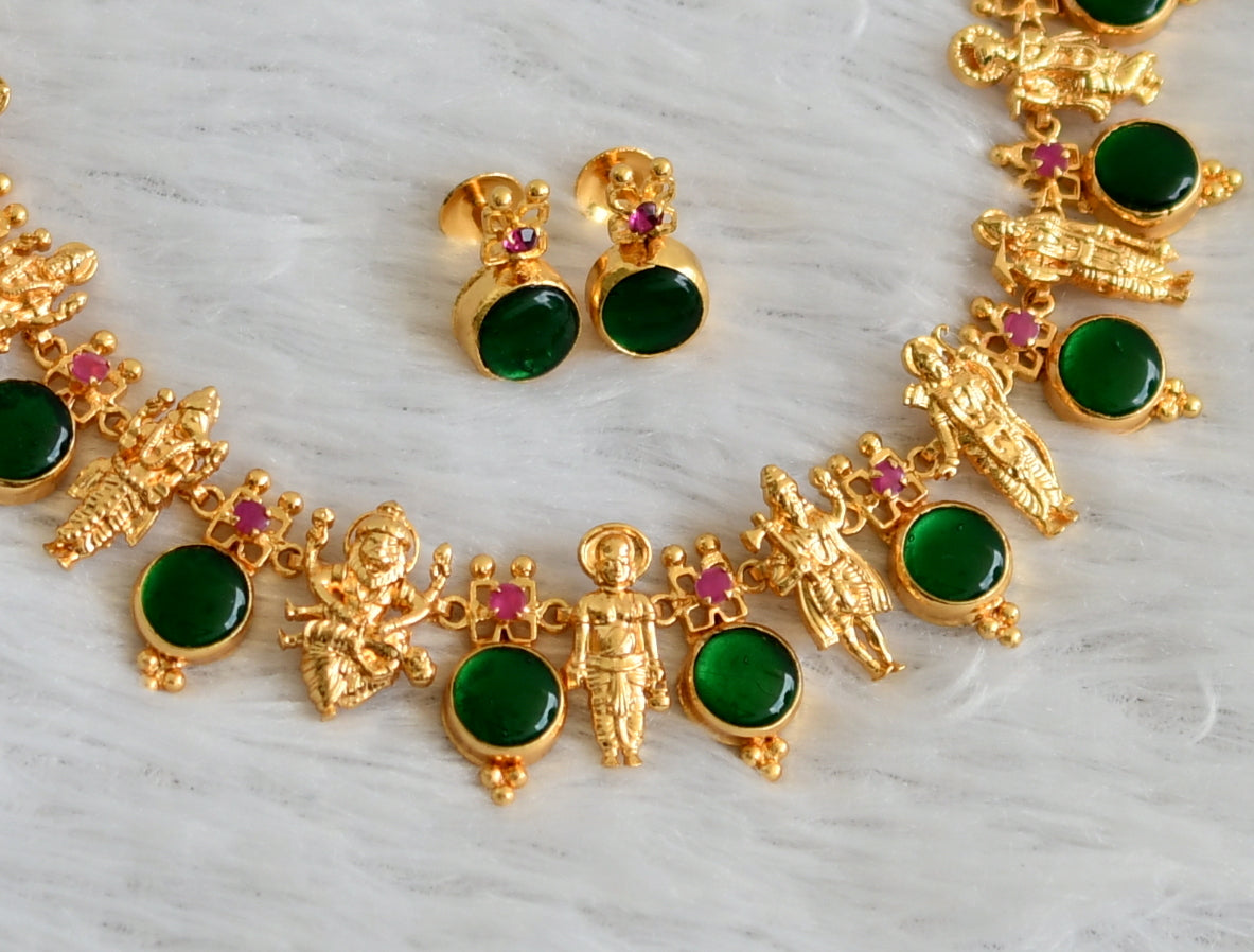 Gold tone pink-green round kerala style dasavathar necklace set dj-48089