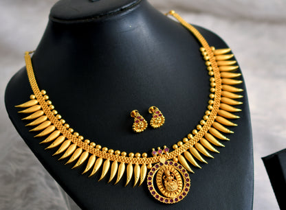 Matte gold tone ruby lakshmi kerala style mulla mottu necklace set dj-48096