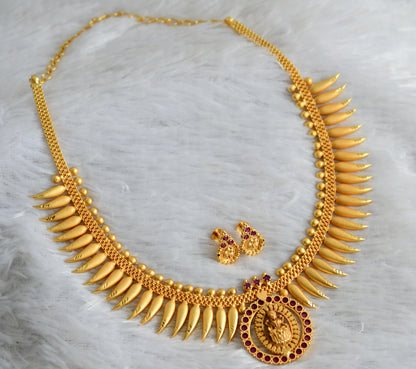 Matte gold tone ruby lakshmi kerala style mulla mottu necklace set dj-48096