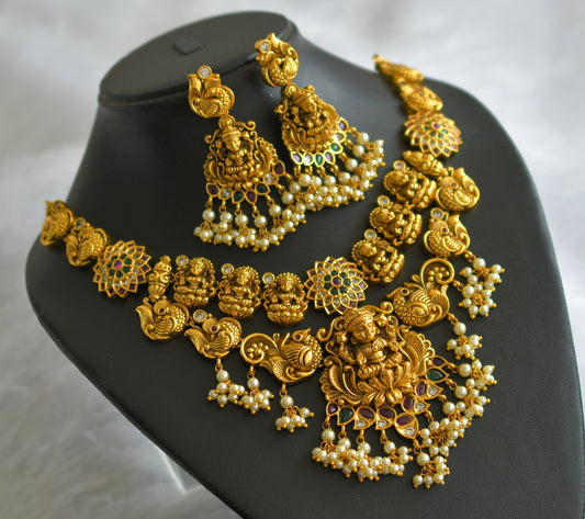 Antique gold tone kemp-green-white pearl cluster lakshmi peacock flower necklace set dj-46524