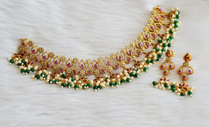 Matte finish real kemp-white lotus-flower green-pearl cluster choker necklace set dj-44736