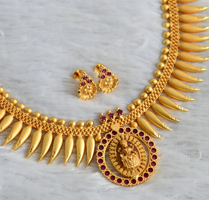 Matte gold tone ruby lakshmi kerala style mulla mottu necklace set dj-48096