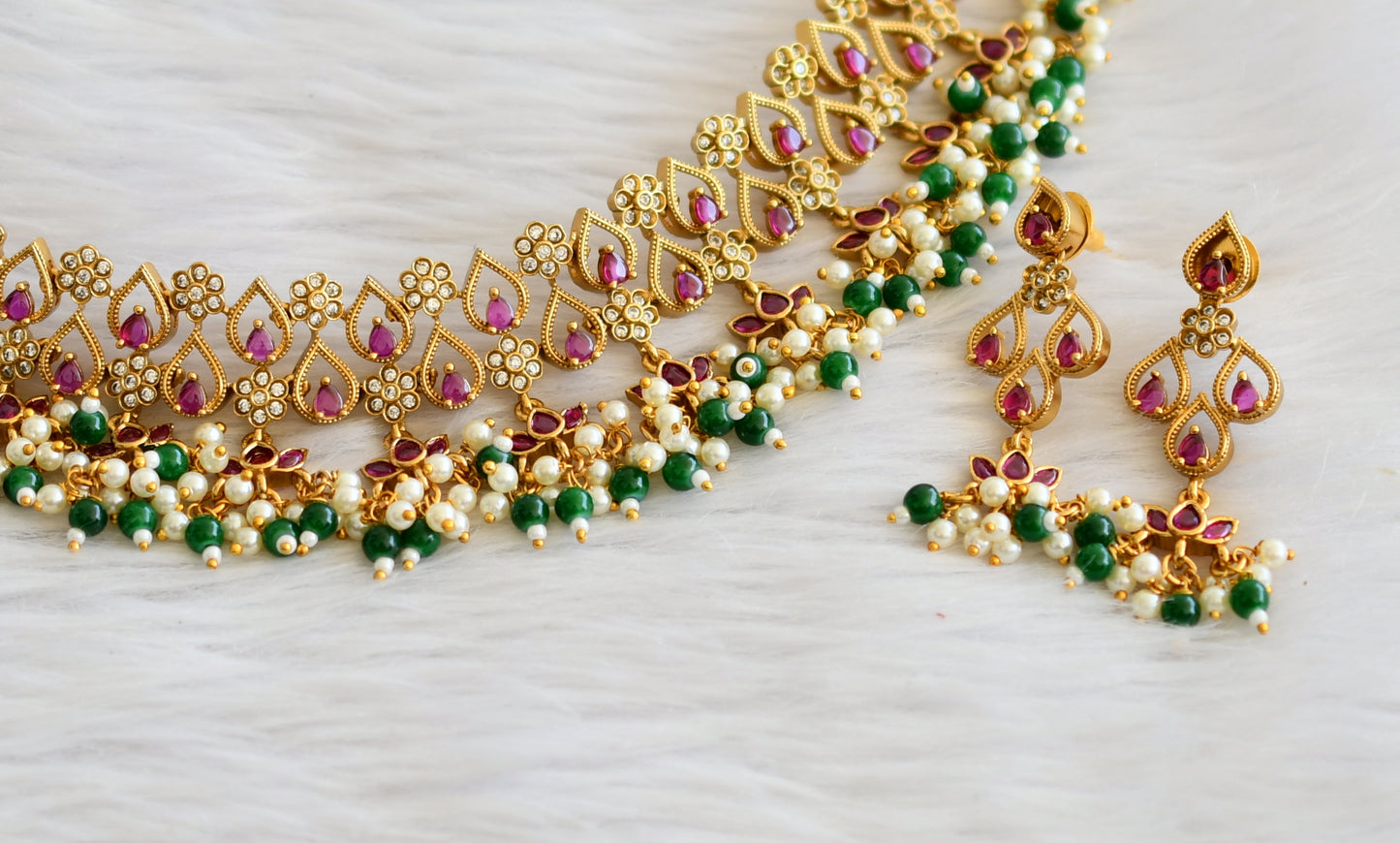 Matte finish real kemp-white lotus-flower green-pearl cluster choker necklace set dj-44736