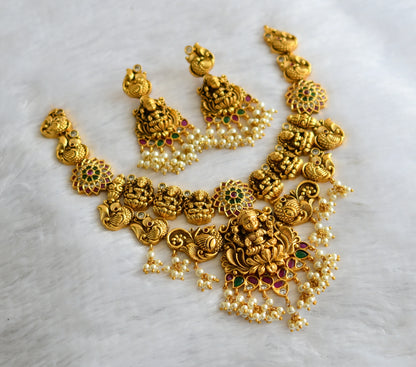 Antique gold tone kemp-green-white pearl cluster lakshmi peacock flower necklace set dj-46524