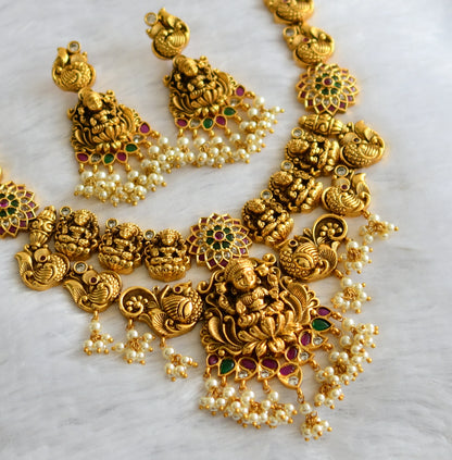 Antique gold tone kemp-green-white pearl cluster lakshmi peacock flower necklace set dj-46524