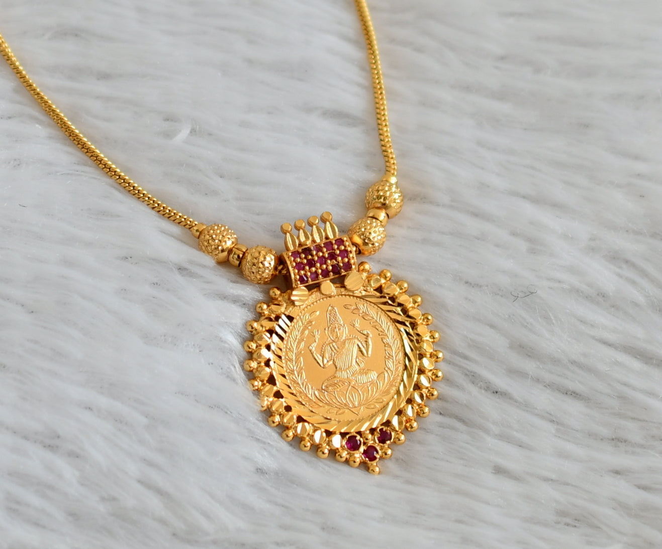 Gold look alike kerala style ruby stone lakshmi round kodi necklace dj-48113