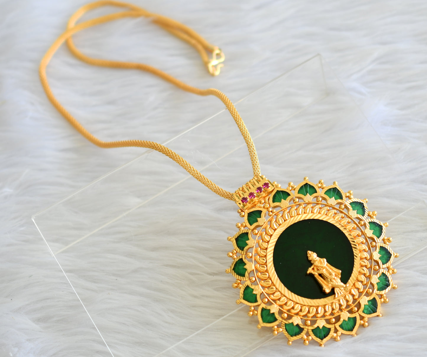 Gold tone pink-green palakka green Krishna Kerala style pendant with chain dj-43164