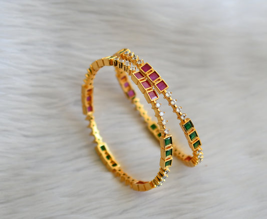 Gold tone ruby-green-white block stone bangles(2.4) dj-44717