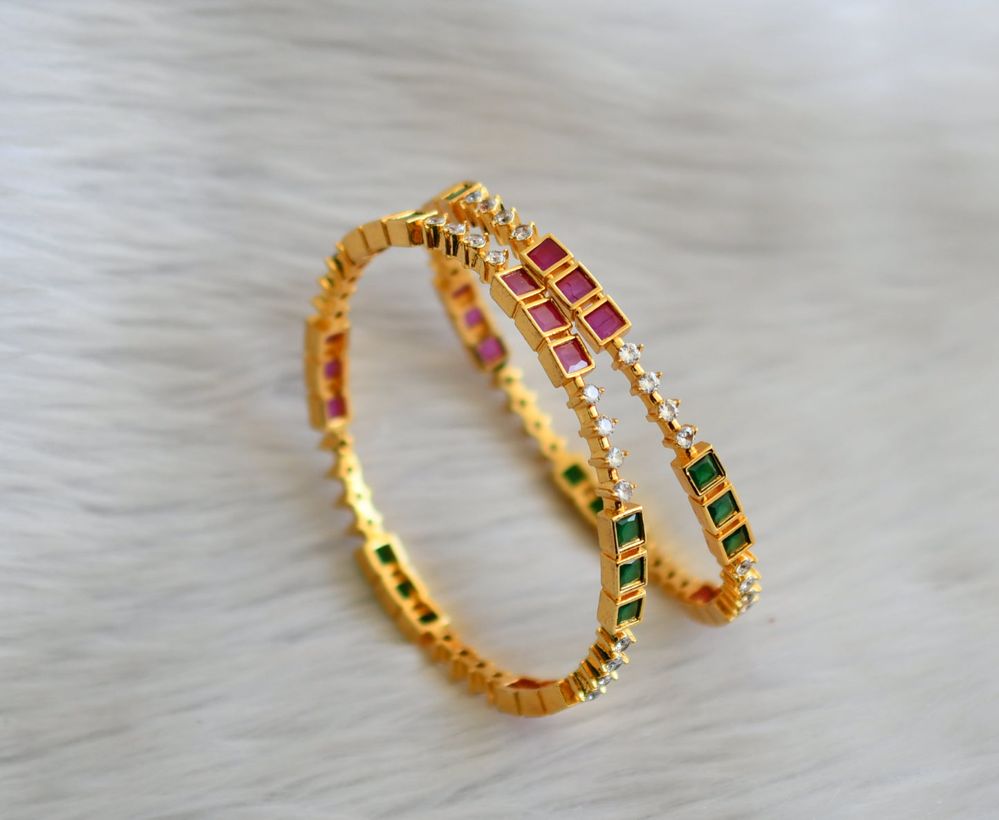 Gold tone ruby-green-white block stone bangles(2.6) dj-44718