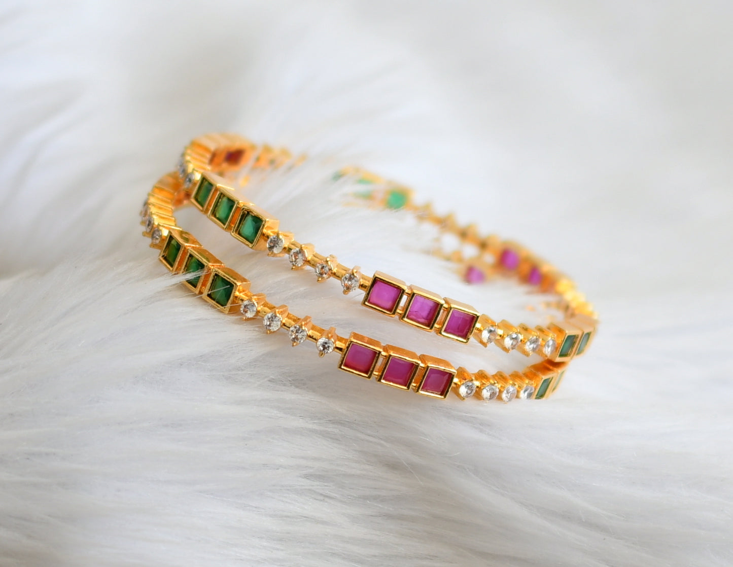 Gold tone ruby-green-white block stone bangles(2.6) dj-44718