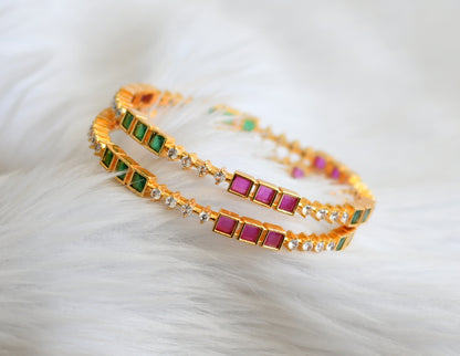 Gold tone ruby-green-white block stone bangles(2.4) dj-44717