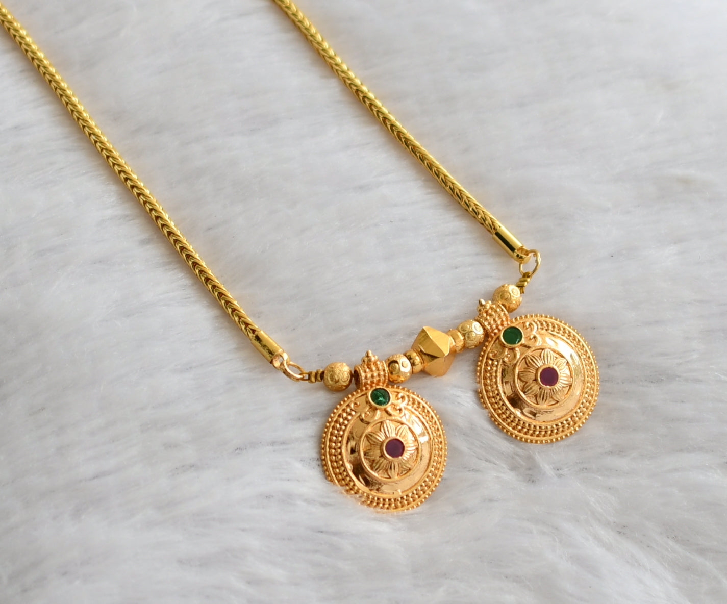 Gold tone telugu style ruby-green stone flower bottu mangalyam dj-46532