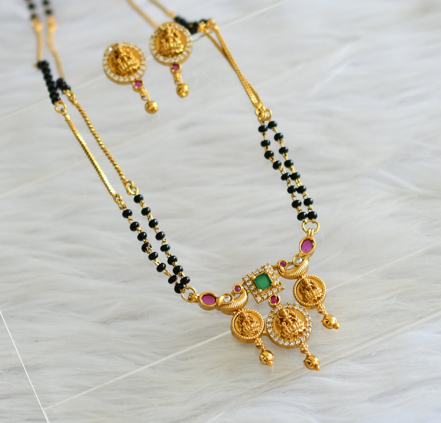 Matte finish cz Ruby-green Lakshmi peacock mangalsutra necklace set dj-43166