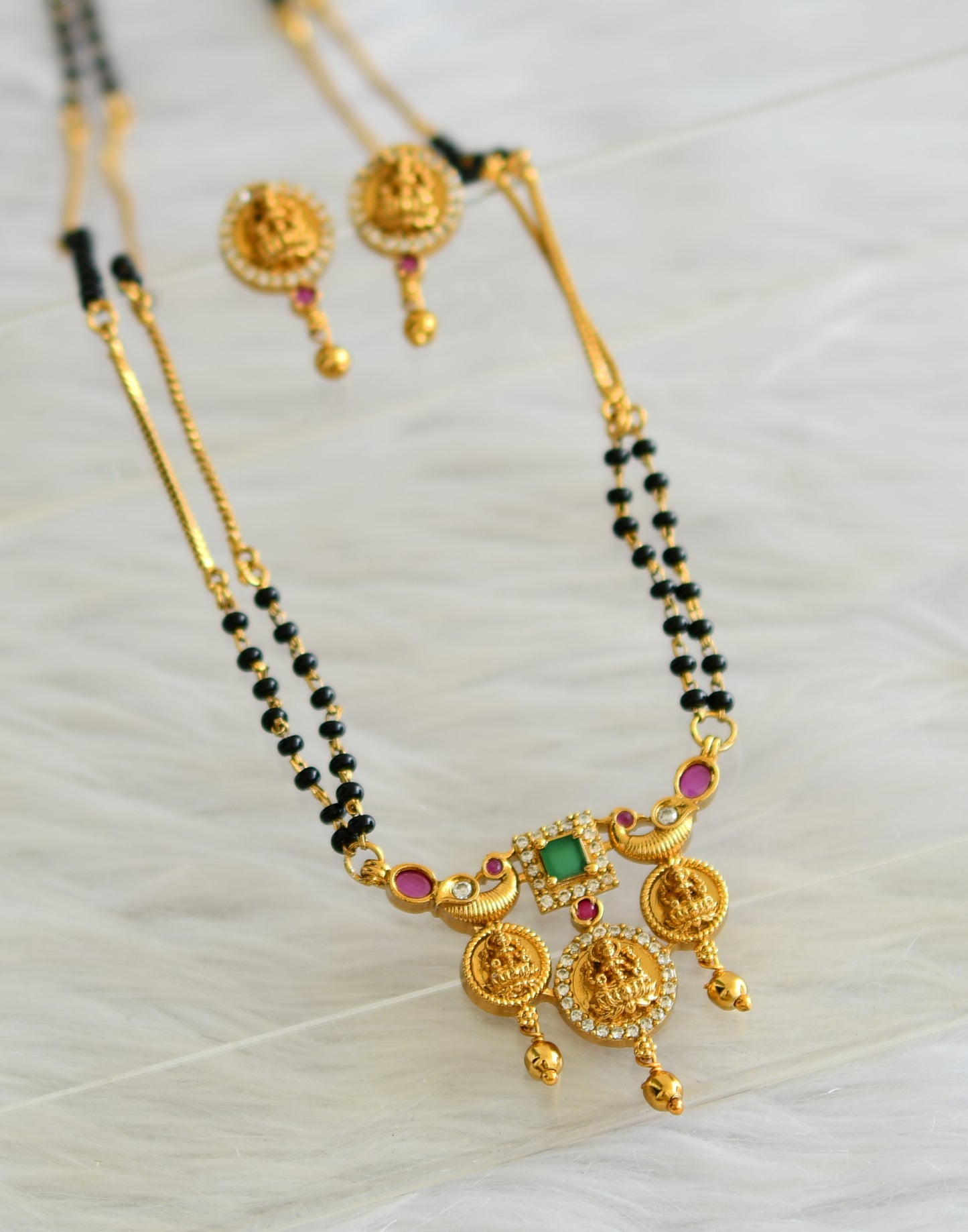 Matte finish cz Ruby-green Lakshmi peacock mangalsutra necklace set dj-43166