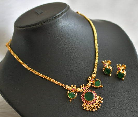 Gold tone pink-green kerala style palakka necklace set dj-44743