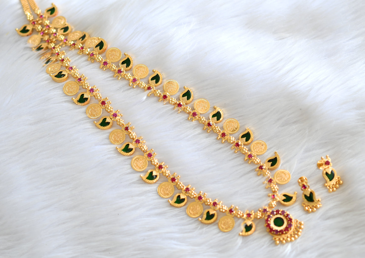 Gold tone pink-green kerala style mango lakshmi coin haar set dj-43263