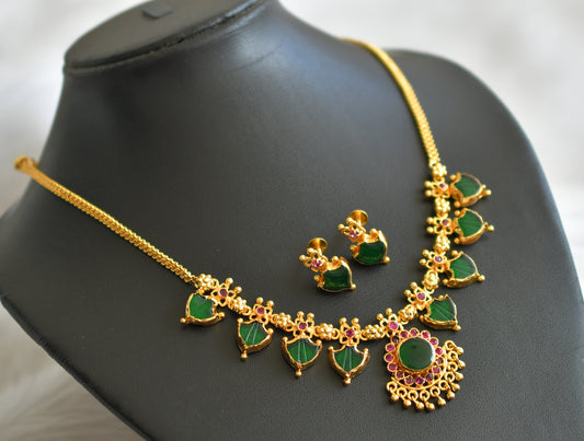 Gold tone pink-green kerala style palakka necklace set dj-44746