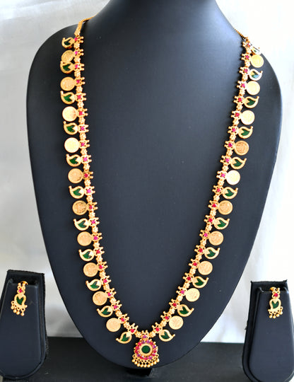 Gold tone pink-green kerala style mango lakshmi coin haar set dj-43263