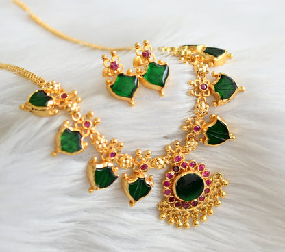 Gold tone pink-green kerala style palakka necklace set dj-44746