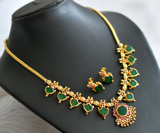 Gold tone pink-green kerala style palakka necklace set dj-44747