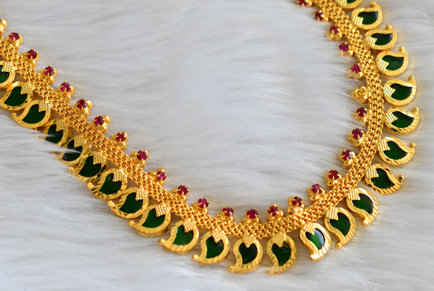 Gold tone pink-green kerala style mango haar dj-43256