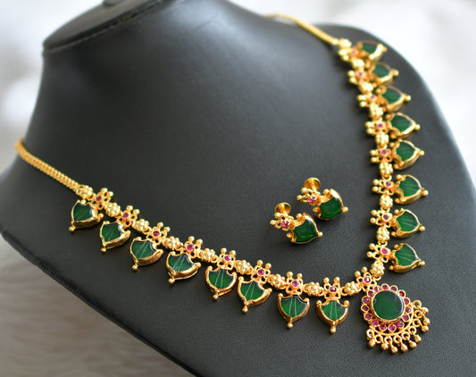 Gold tone pink-green kerala style palakka necklace set dj-44750