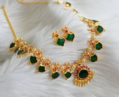 Gold tone pink-green kerala style palakka necklace set dj-44750