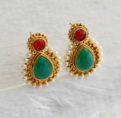 Antique gold tone pearl red-green earrings dj-04071