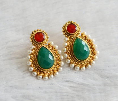 Antique gold tone pearl red-green earrings dj-04071