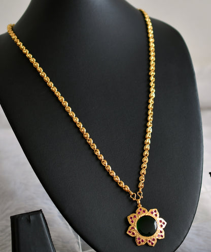 Gold tone 24 inches chain with ad pink-green round flower pendant dj-48114