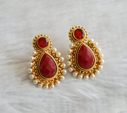 Antique gold tone pearl maroon earrings dj-04069